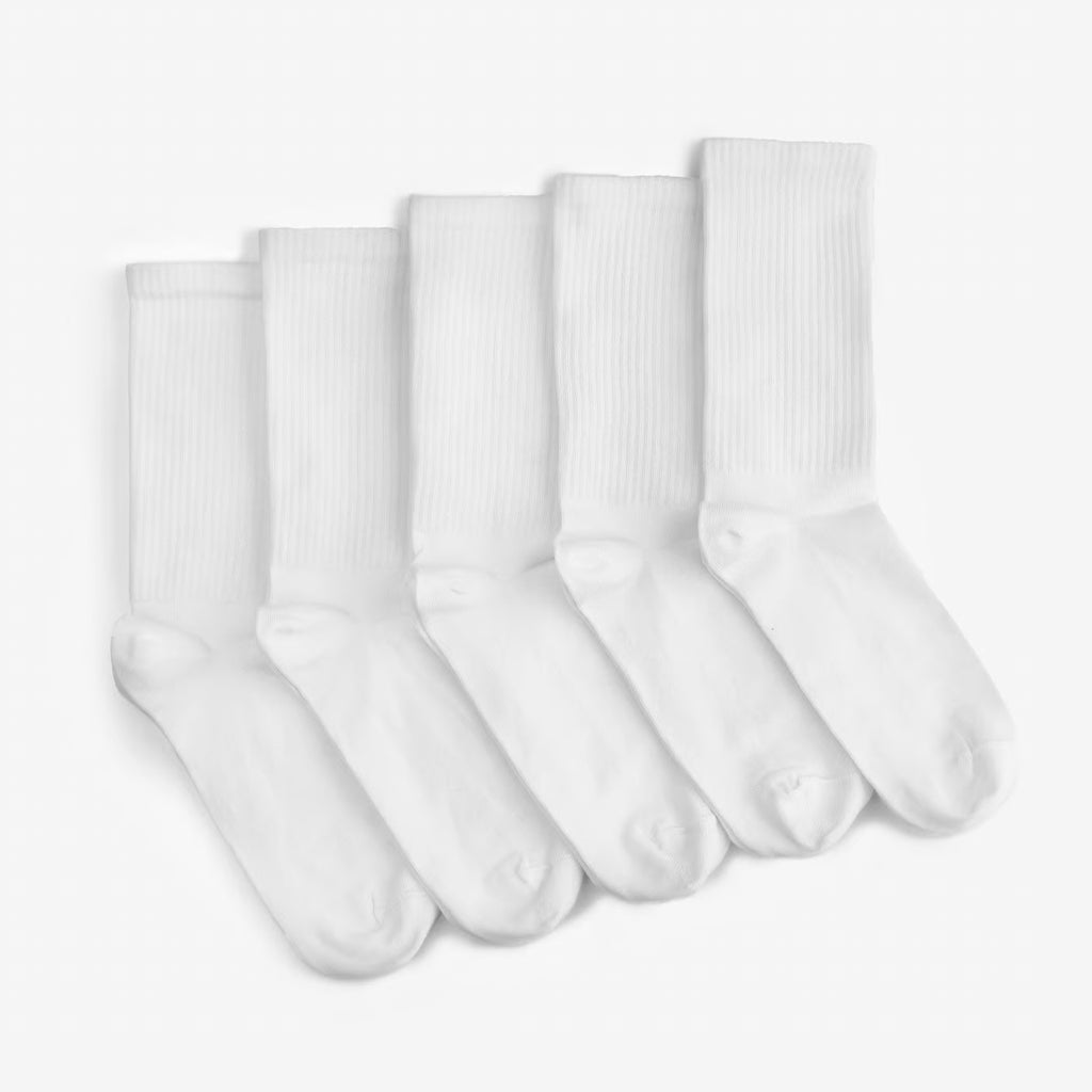 white cotton crew socks high length 5 pack