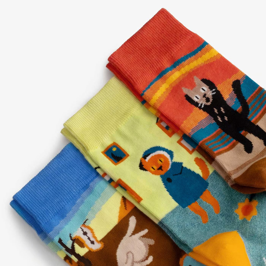 fun patterned cotton crew socks cat art high length 3 pack