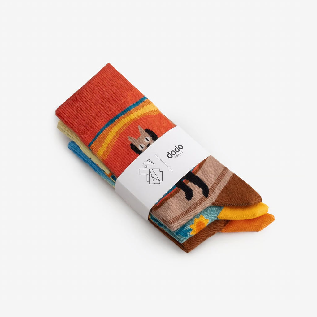 patterned cotton crew socks cat art high detail