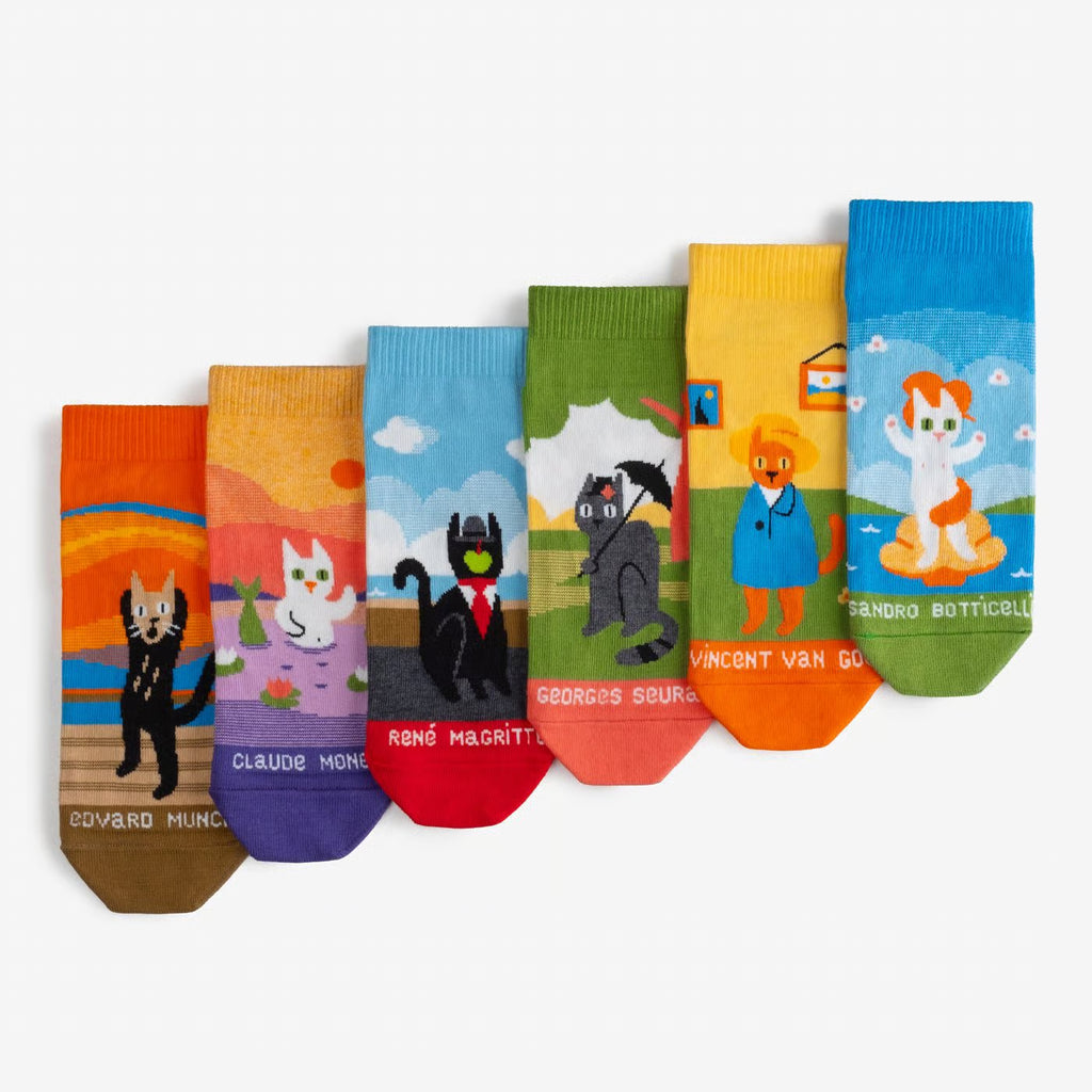 cat art patterned cotton ankle socks 3 pack