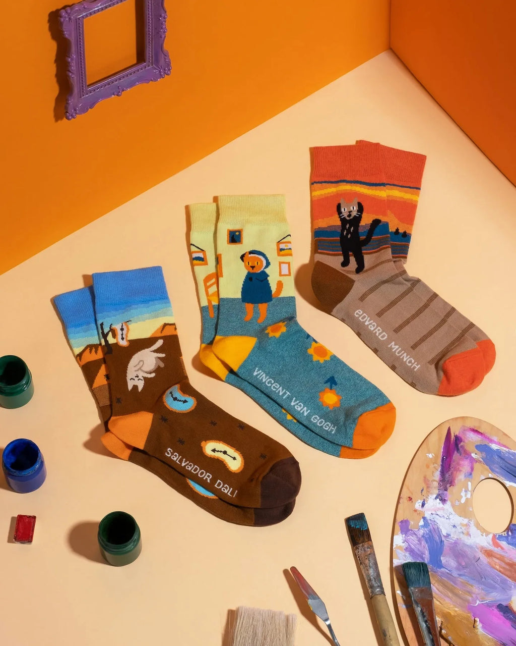 fun patterned cotton crew socks cat art high length 3 pack